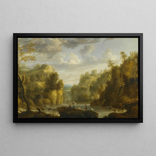Gillis Peeters the Elder - Mountain Landscape With A Waterfall And A Capriccio View Of The Forums And Temple Of Vesta At Tivoli.webp