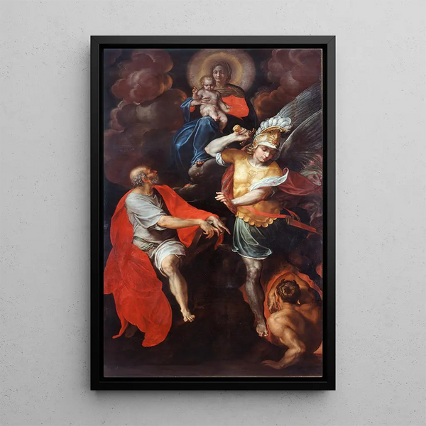 Vierge à l'Enfant med Saint Jean l'Évangéliste och Saint Michel - Giovanni Ambrogio Figino — inramlat konstverk på väggen