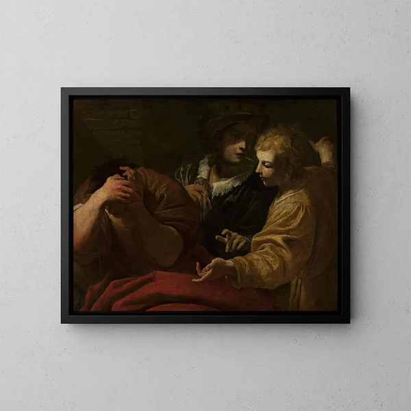 Joseph tolkar drömmar i Faraos palats - Giovanni Antonio Burrini — inramlat konstverk på väggen
