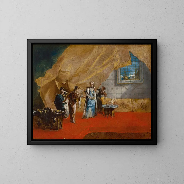 inomhus: En sultaninna som dricker kaffe i haremet - Giovanni Antonio Guardi — inramlat konstverk på väggen