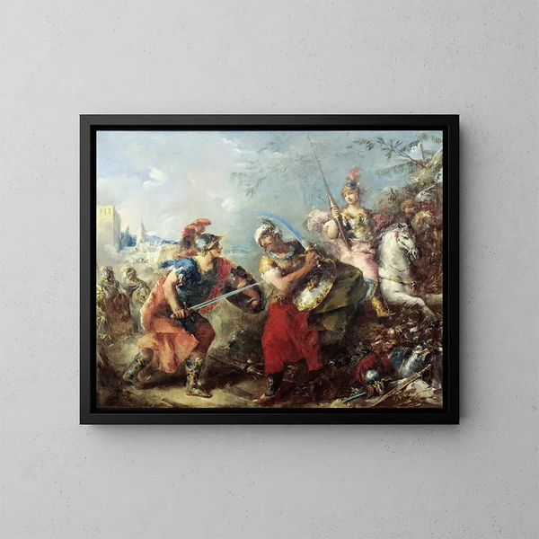 Le Combat entre Tancrède et Argante avec Clorinde en arrière-plan - Giovanni Antonio Guardi — inramlat konstverk på väggen