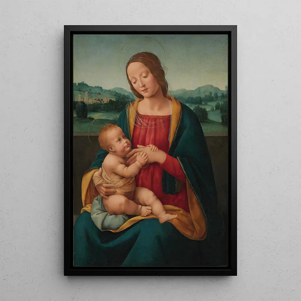 La Vierge à l'Enfant devant un paysage - Giovanni Antonio Sogliani — inramlat konstverk på väggen