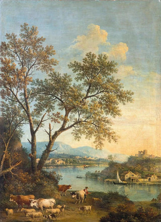 Giovanni Battista Cimaroli - A river landscape with a herdsman in the foreground and a village beyond.webp