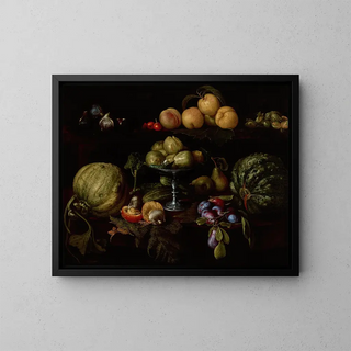 Giovanni Battista Crescenzi - Figs on a Tazza with Pears Quinces Melons Plums Mushrooms on a Table with Figs Cherries Peaches and Acorns on a Ledge Above.webp