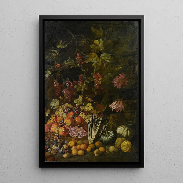 blomster- och fruktstillben - Giovanni Battista Ruoppolo — inramlat konstverk på väggen