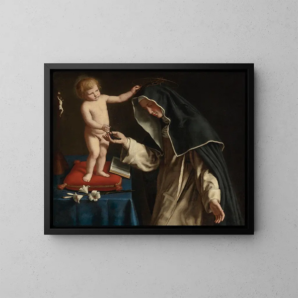 Sankt Katarina av Siena som mottar törnekronan från den lille Jesus - Giovanni Battista Salvi da Sassoferrato — inramlat konstverk på väggen