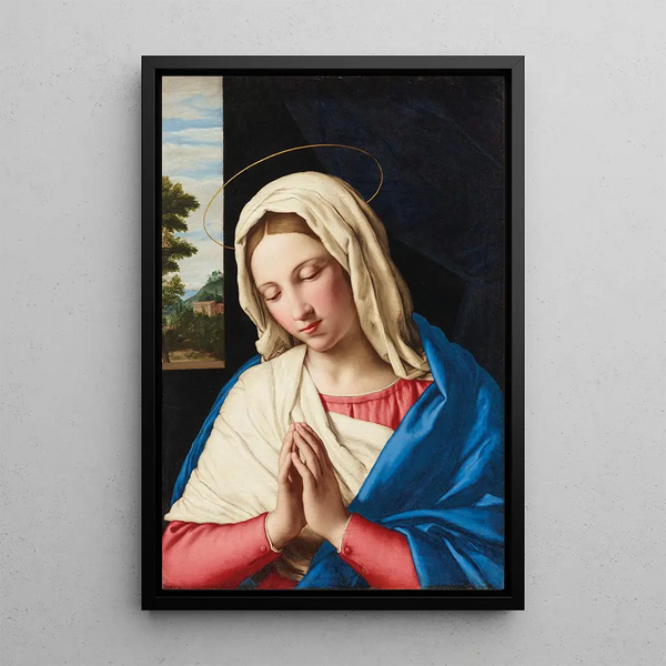 La Vierge en prière avec un paysage au-delà - Giovanni Battista Salvi da Sassoferrato — inramlat konstverk på väggen
