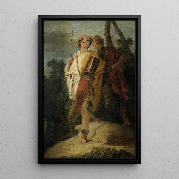 Ung man med båge och stort pilarbåge och hans följeslagare med en sköld - Giovanni Battista Tiepolo — inramlat konstverk på väggen