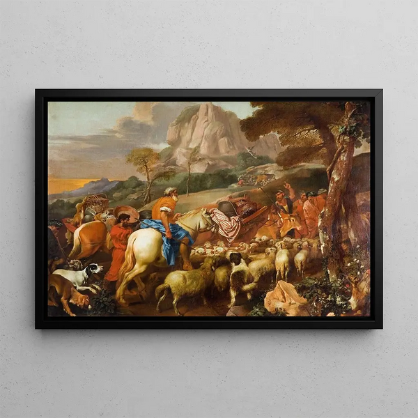 Längd: 50 cm, Höjd: 70 cm, Material: Olja på duk, Ursprung: Italien, År: 1650, Konsttryck av Giovanni Benedetto Castiglione, L'Ange apparaissant aux bergers — inramlat konstverk på väggen