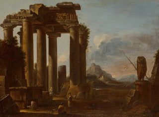 Giovanni Ghisolfi - A ruined classical temple of the Tuscan order with figures.webp
