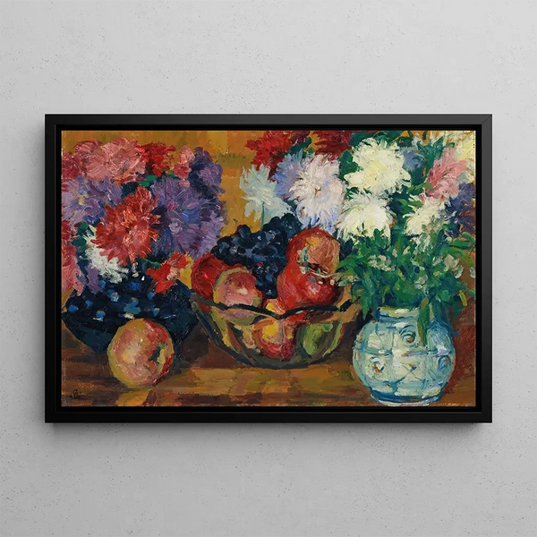 stilleben med asters, äpplen och druvor - Giovanni Giacometti — inramlat konstverk på väggen