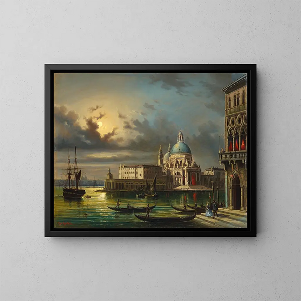 La Punta della Dogana och Santa Maria della Salute i Venedig i månsken - Giovanni Grubacs — inramlat konstverk på väggen