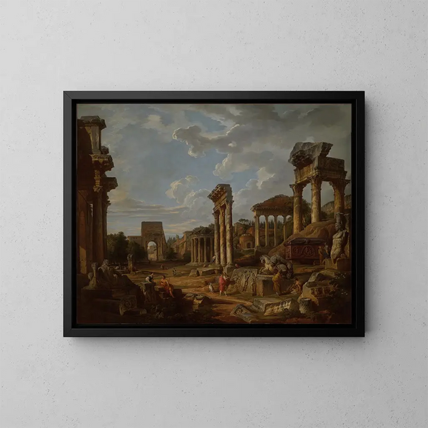 En förtrollning av det romerska forumet - Giovanni Paolo Panini — inramlat konstverk på väggen