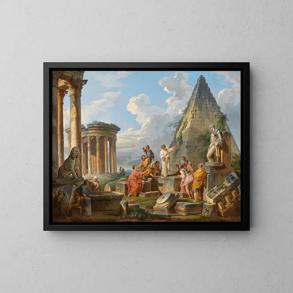 En fantasibild med helige Paul som predikar för romarna med Vesta-templet och Cestius-pyramiden - Giovanni Paolo Panini — inramlat konstverk på väggen