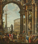 En klassisk nyckfullhet med Trajan-kolumnen från Colosseum och Farnese-Herkules med Filosofen - Giovanni Paolo Panini — vy av konstverket