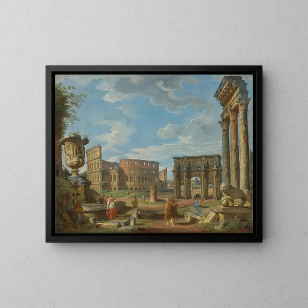 Caprice sur les monuments romains avec le Colisée et l'arc de Constantin - Giovanni Paolo Panini — inramlat konstverk på väggen