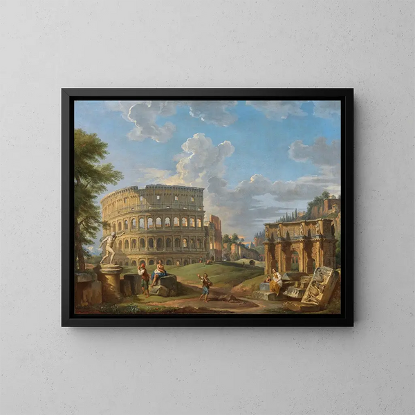 Landskapsmålning med Colosseum och Konstantins båge i Rom - Giovanni Paolo Panini — inramlat konstverk på väggen