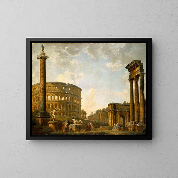 Caprice romain: Le Colisée et autres monuments - Giovanni Paolo Panini — inramlat konstverk på väggen