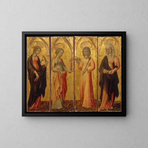 Sankt Katarina av Alexandria, Sankt Barbara, Sankt Agatha och Sankt Margareta - Giovanni di Paolo — inramlat konstverk på väggen