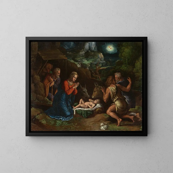 L'Adoration des bergers - Girolamo da Carpi — inramlat konstverk på väggen
