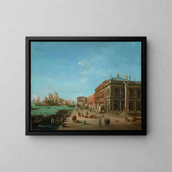 Le Molo med Palazzo della Zecca och Biblioteket Marciana, Santa Maria della Salute-kyrkan i fjärran - Giuseppe Bernardino Bison — inramlat konstverk på väggen
