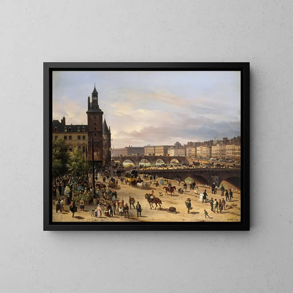 blomstermarknaden, klocktornet, Pont au Change och Pont Neuf - Giuseppe Canella — inramlat konstverk på väggen