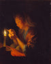 Flicka som trär en nål i ljuset av ljuslyktor - Godfried Schalcken — vy av konstverket