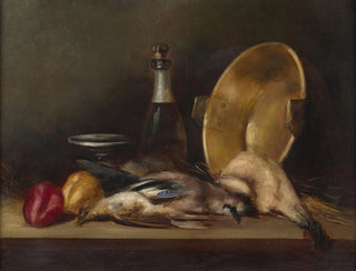 Graciano Mendilaharzu - Oiseaux fruits bouteille de champagne et bassine en cuivre sur un entablement.webp