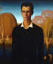 Arnold Pyle framför en flod med två män som badar nakna - Grant Wood — vy av konstverket