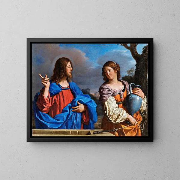 Jesus och den samaritiska vid brunnen - Guercino — inramlat konstverk på väggen
