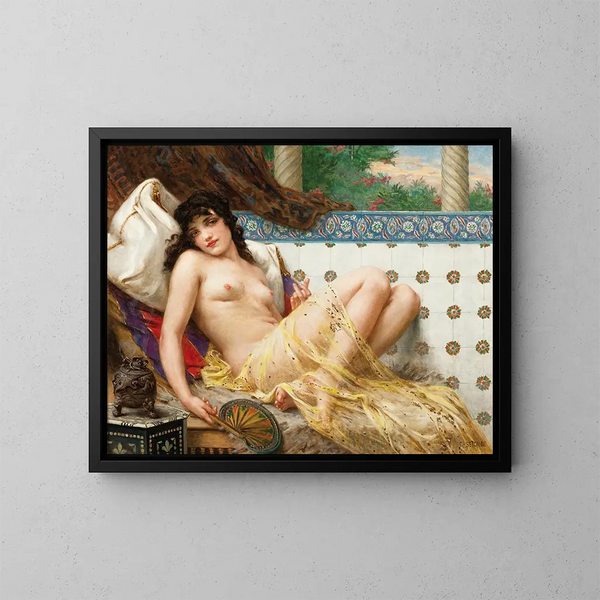 Odalisque med fan - Guillaume Seignac — inramlat konstverk på väggen