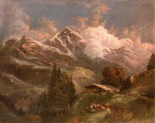 Alpage animé avec vue sur les sommets alpins - Gustav Barbarini — vy av konstverket