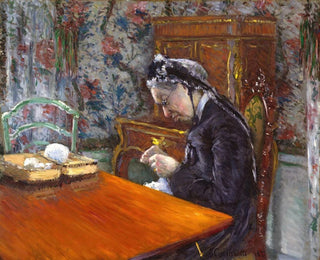 Mademoiselle Boissière tricotar - Gustave Caillebotte — vy av konstverket