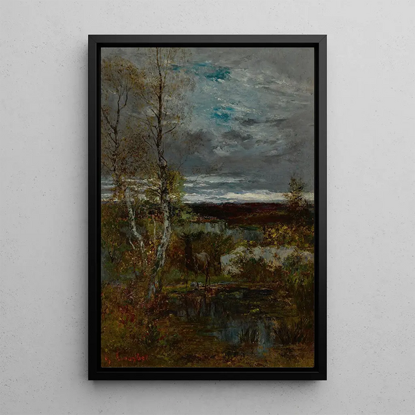 Hjort vid dammen - Gustave Courbet — inramlat konstverk på väggen