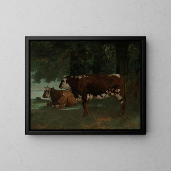 två kor med bruna pälsar - Gustave Courbet — inramlat konstverk på väggen