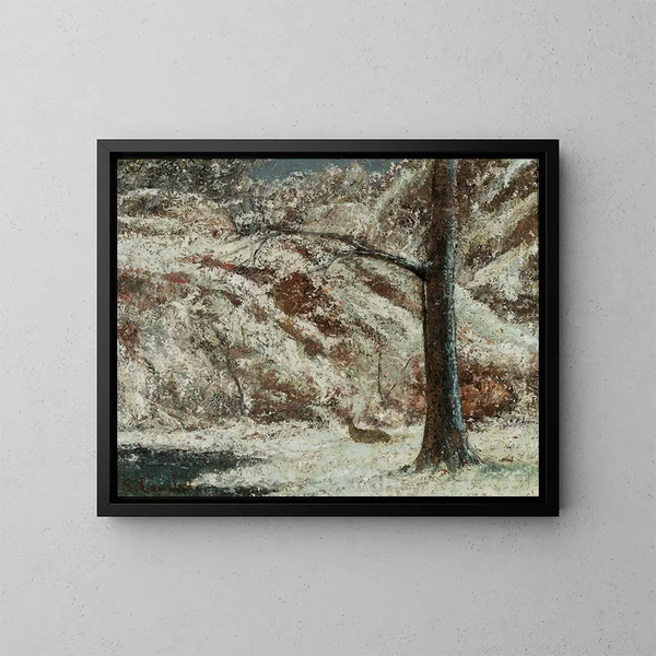 rådjur i snö i skogen - Gustave Courbet — inramlat konstverk på väggen