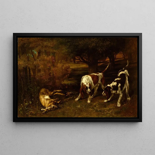 jakthundar med död hare - Gustave Courbet — inramlat konstverk på väggen
