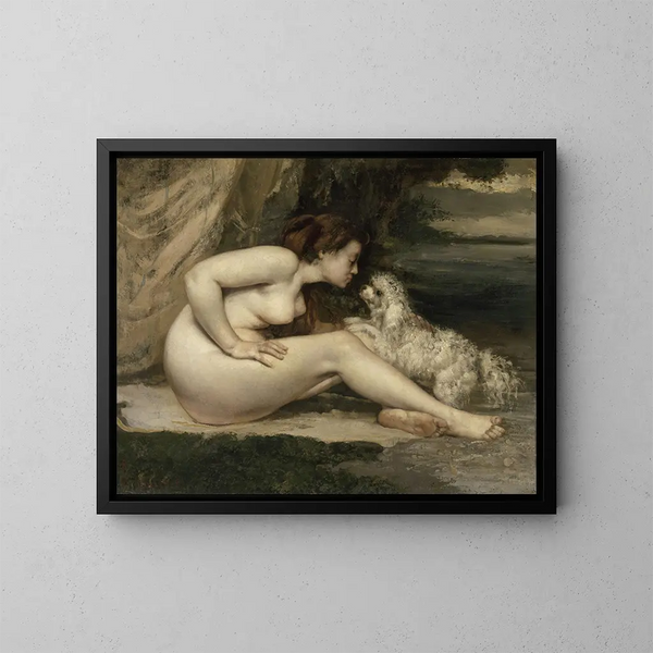 en naken kvinna med en hund - Gustave Courbet — inramlat konstverk på väggen