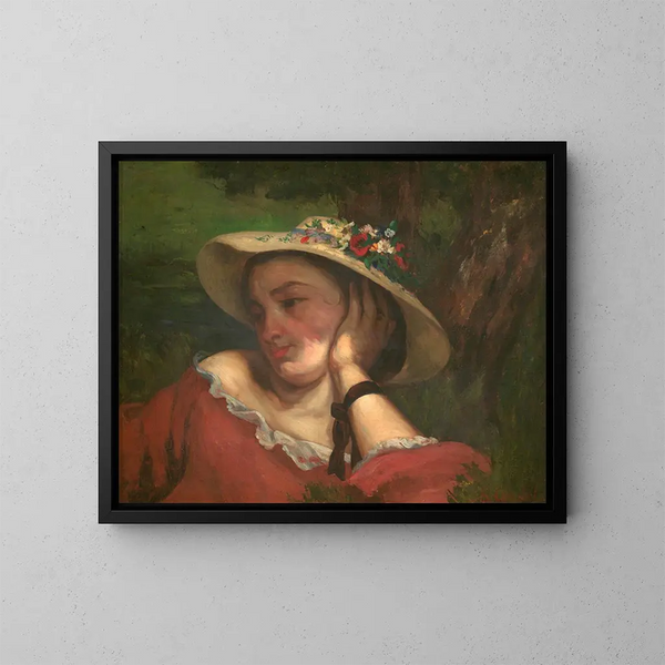 en kvinna med blommor på sin hatt - Gustave Courbet — inramlat konstverk på väggen