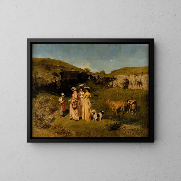 unga flickor i byn - Gustave Courbet — inramlat konstverk på väggen