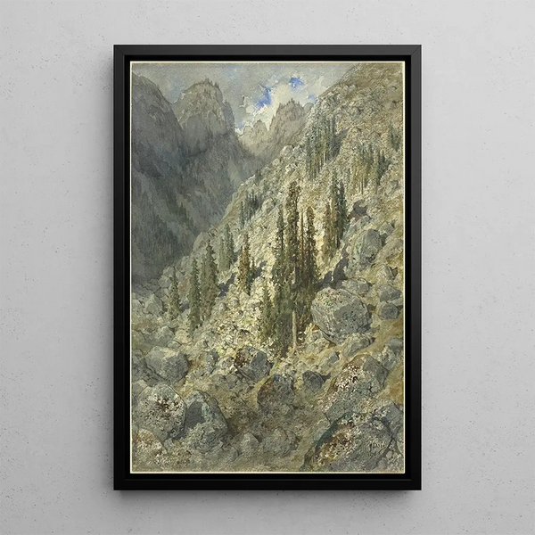 En alpinsk dal med träd och klippor - Gustave Doré — inramlat konstverk på väggen
