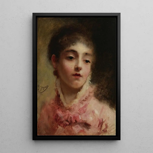 ung kvinna i rosa klänning - Gustave Jean Jacquet — inramlat konstverk på väggen