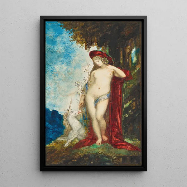 kvinna och enhörning - Gustave Moreau — inramlat konstverk på väggen