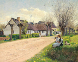 Hans Andersen Brendekilde - Forr i landsbyen med piger i vejkanten.webp