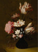 still life med tulpaner, pioner, anemoner, jasminer och andra blommor i en glasvas på en stenbänk - Hans Bollongier — vy av konstverket