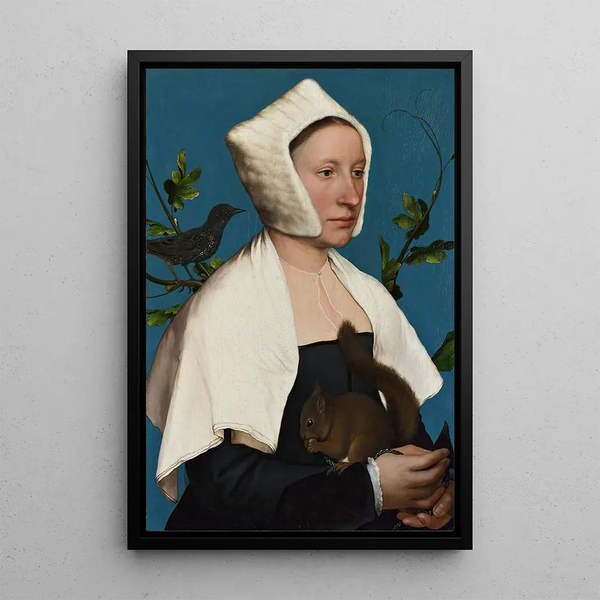 En dam med en ekorre och en stare - Hans Holbein den yngre — inramlat konstverk på väggen