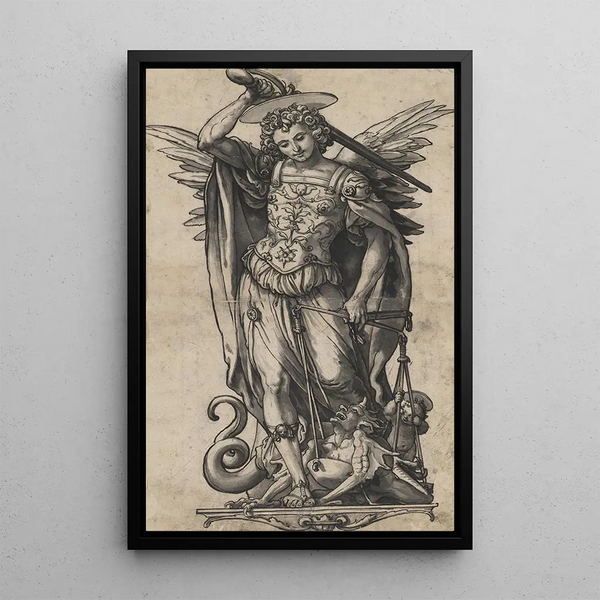 Längd: 60 cm, Höjd: 80 cm, Material: Olja på duk, Ursprung: Tyskland, År: 1525, Konsttryck av Hans Holbein den yngre, föreställande ärkeängeln Michel som väger själar. — inramlat konstverk på väggen