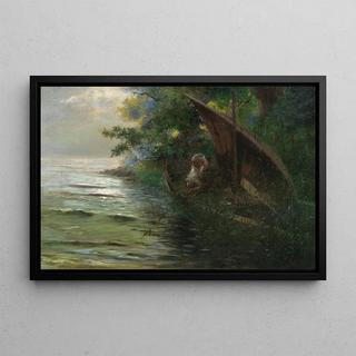 Hans Thoma - Auf der Jagd Geistlicher im Ruderboot am Seeufer Enten auflauernd.webp