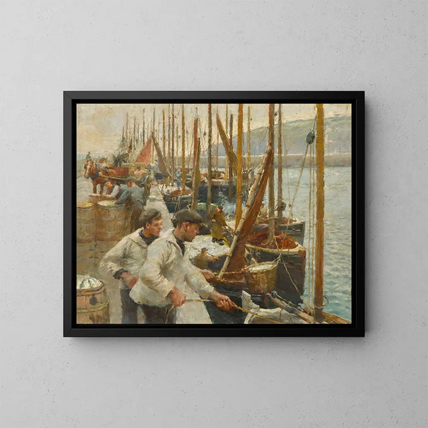 Båtar för fiske i Newlyn - Harold Harvey — inramlat konstverk på väggen