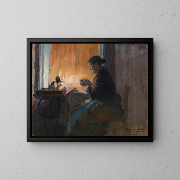 På ljuset av lampan - Harriet Backer — inramlat konstverk på väggen